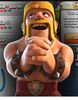 This image features the iconic Clash of Clans Barbarian, shown with his signature blond mustache, helmet, and spiked wristbands. The character appears in a playful, expressive pose, highlighting the game’s cartoon-style graphics and personality-driven design. The background includes in-game interface elements, making it instantly recognizable to Clash of Clans players.